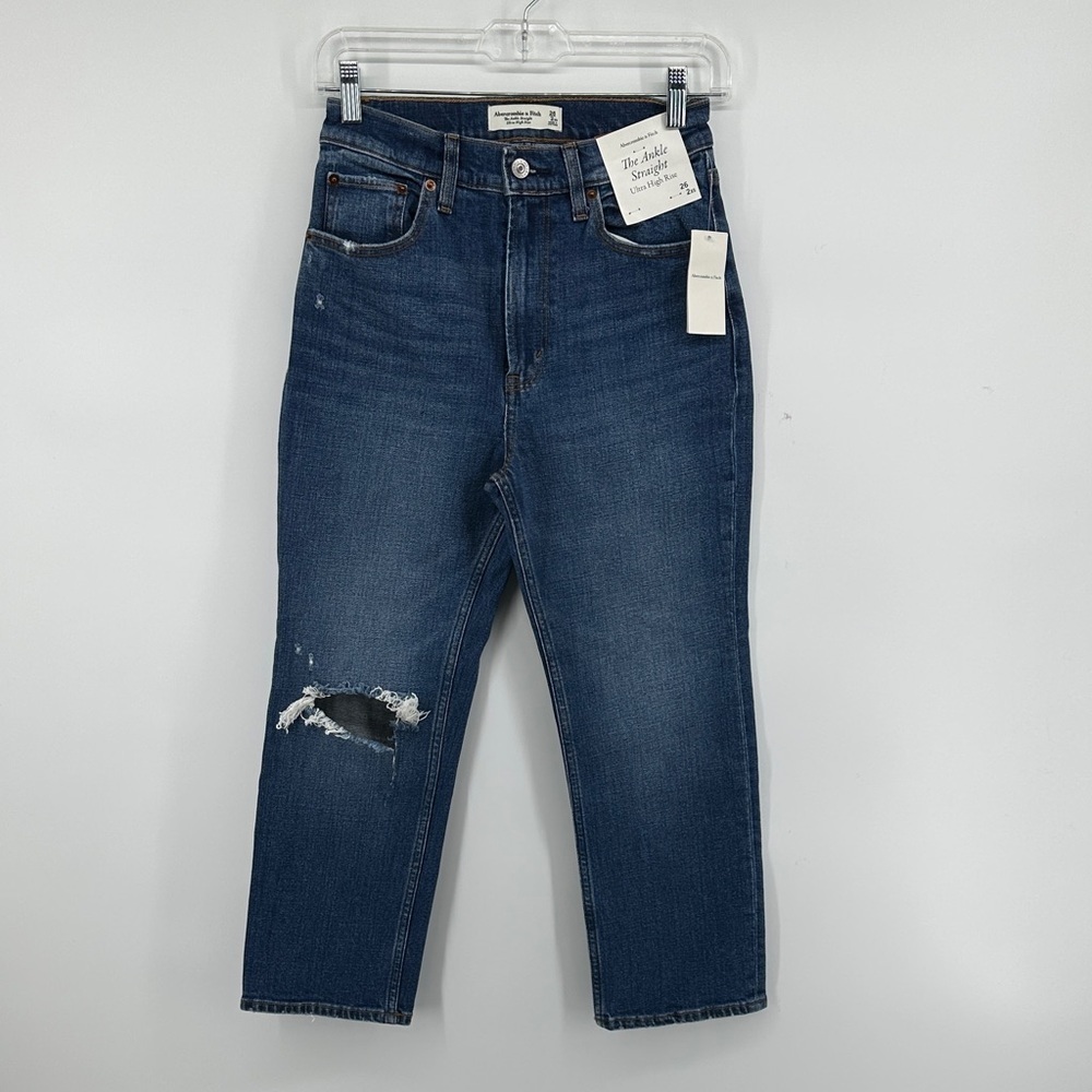 A&F Women's High Rise Distressed Dark Blue Ankle Straight Leg Jeans SZ 26S